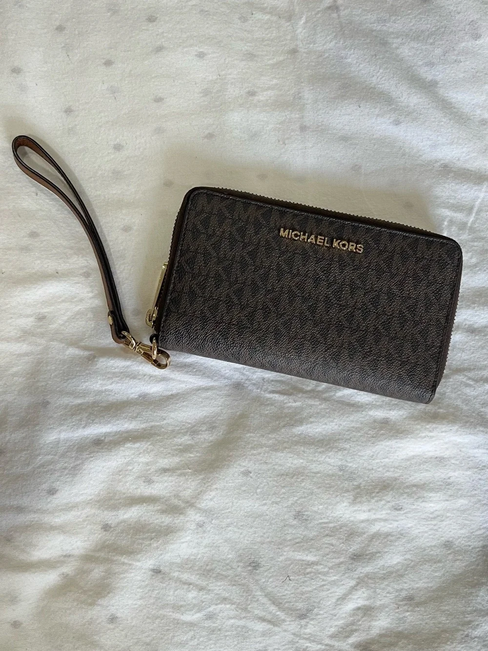 Michael Kors Brown and Gold Logo Signature Wristlet Card Holder